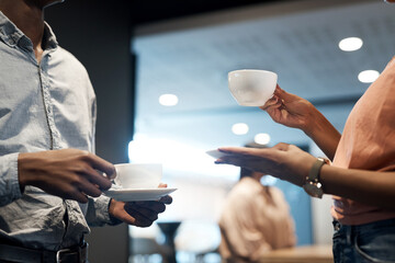 Wall Mural - coffee break, team and closeup with hands at networking event for a discussion with a partnership. p