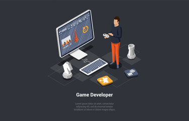 Wall Mural - game development concept. gamedev in process of create and develop new computer video game design. d
