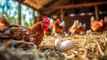A Hen On An Organic Farm, Sitting On Eggs On Straw In A Chicken Coop, Made With Generative AI