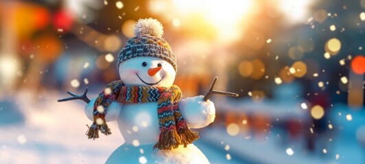 Winter holiday christmas background banner - Closeup of cute funny laughing snowman with wool hat and scarf, on snowy snow snowscape with bokeh lights, illuminated by the sun (Generative Ai)