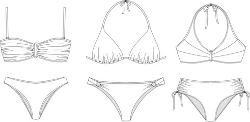 Woman sustainable swimwear, technical drawing, template, sketch, flat, mock up. Recycled PA, Recycled PES, Lycra fabric swimwear front view, white color