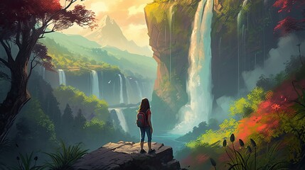 Wall Mural - Traveler woman stands on top of mountain with stunning view of nature, back view of hiker traveler nature explorer woman with backpack, breathtaking spectacular view, wanderlust concept, generative AI