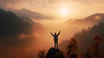 Wall Mural - Traveler man raised hands stands on top of mountain with stunning view of nature, back view of hiker traveler explorer man with backpack, spectacular view, success concept, generative AI