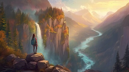 Wall Mural - Traveler woman stands on top of mountain with stunning view of nature, back view of hiker traveler nature explorer woman with backpack, breathtaking spectacular view, wanderlust concept, generative AI