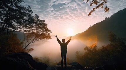 Wall Mural - Traveler man raised hands stands on top of mountain with stunning view of nature, back view of hiker traveler explorer man with backpack, spectacular view, success concept, generative AI