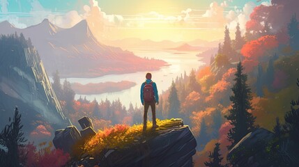 Wall Mural - Traveler man stands on top of mountain with stunning view of nature, back view of hiker traveler nature explorer man with backpack, breathtaking spectacular view, wanderlust concept, generative AI