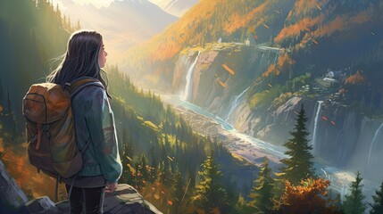 Wall Mural - Traveler woman stands on top of mountain with stunning view of nature, back view of hiker traveler nature explorer woman with backpack, breathtaking spectacular view, wanderlust concept, generative AI