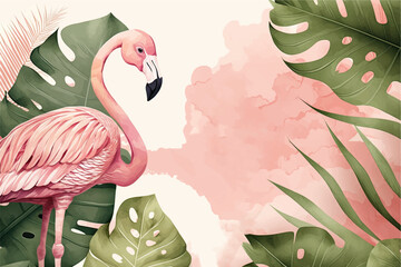 Tropical summer watercolor banner with monstera and flamingo