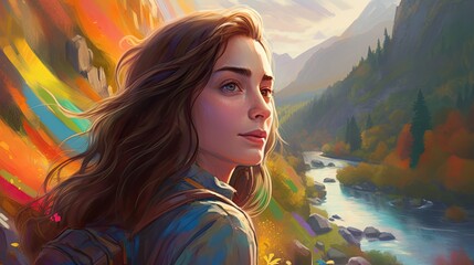 Wall Mural - Traveler woman close up portrait on stunning view of nature, side view of long haired attractive woman traveler nature explorer with backpack, breathtaking view of waterfall background, generative AI