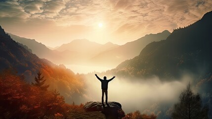 Wall Mural - Traveler man raised hands stands on top of mountain with stunning view of nature, back view of hiker traveler explorer man with backpack, spectacular view, success concept, generative AI