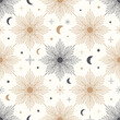 © Diana Kovach - Hand drawn seamless pattern of Sun, Moon, sunburst, stars. Mystical celestial bursting sun rays vector. Magic space galaxy sketch illustration for greeting card, wallpaper, wrapping paper, fabric
