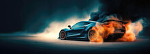 Generic Sports Car Performing Burnout Or Drifting On Racing Track With Smoke And Heat As Wide Banner With Copy Space Area - Generative AI