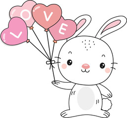 Wall Mural - Cute bunny rabbit holding LOVE balloons. Png clipart isolated on transparent background