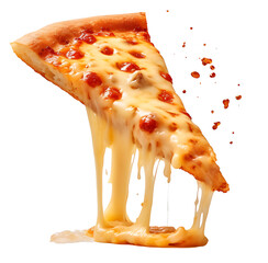 A slice of hot pizza with stretchy cheese. Isolated on a transparent background. KI.