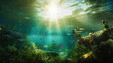 Fototapeta Do akwarium - Underwater sunlight through the water surface seen from a rocky seabed with algae. Generative AI