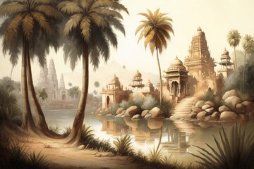  landscape painting of palm trees and river banks of India with ancient temples, illustration, Generative ai