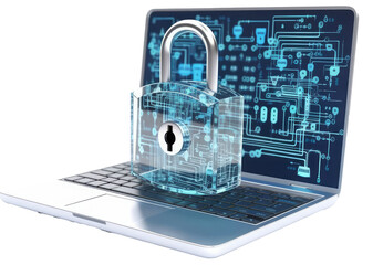 digital padlock in front of a laptop computer as concept for cyber security and data protection, iso