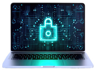 Digital padlock in front of a laptop as concept for cyber security and data protection, isolated on a white background, generative AI technology