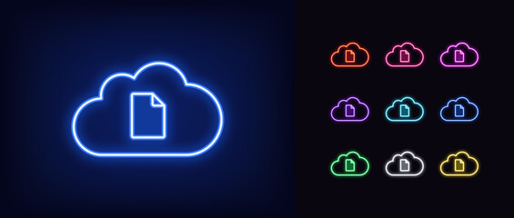 Wall Mural - Outline neon file cloud icon set. Glowing neon cloud with document sign, digital data repository. Digital cloud storage for file exchange, document backup database, file remote datacenter