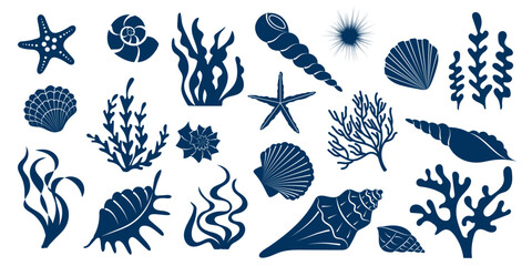 big collection of underwater elements. set of blue silhouettes seashells, seaweeds. summer marine ba