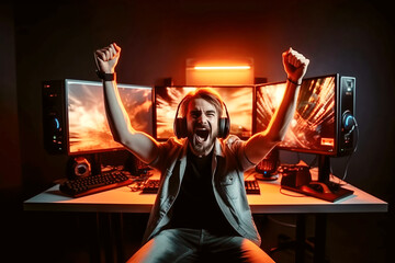 Wall Mural - happy man professional online gamer player joyful at win in cybersports. Generative AI