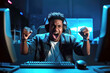 © alexkoral - black happy male gamer player behind a computer monitor is happy to win the cybersports games competition. Generative AI