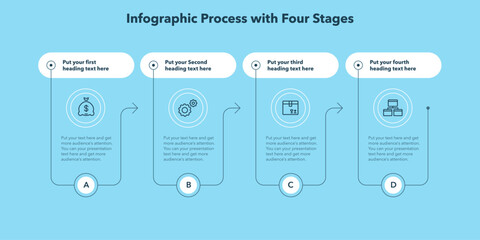Aufkleber - Horizontal process infographic template with four options - blue version. Flat presentation diagram with thin lines and minimalistic icons.