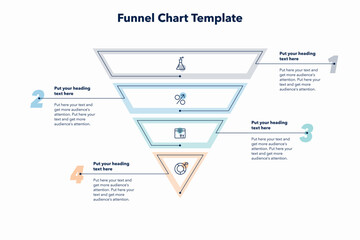 Wall Mural - Funnel chart template with 4 colorful sections. Creative diagram divided into four parts with minimalistic icons.