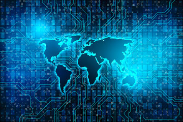 Poster - Global connection and technology concept with front view on digital glowing world map contour on blue illuminated background in form of microcircuit. 3D rendering
