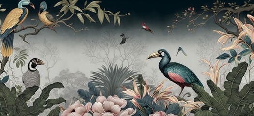 Naklejka na meble wallpaper jungle pattern and tropical forest banana palm and tropical birds peacock birds, Generative ai