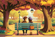 A Cartoon Styled Depiction Of A Happy Loving Couple Sitting On A Park Bench In Autumn Created Using Generative AI