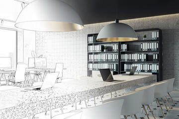 Coworking office interior design project with hand draw sketch. 3D Rendering