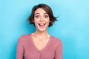 Sticker - Photo of funny excited stunning lady open mouth listen good news wear pink shirt buttons isolated blue pastel color background