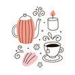 Tea time vector card. Cute tea cup, teapot, cookie, candle clipart