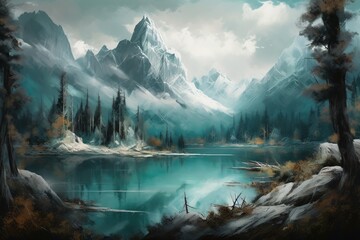 Wall Mural - an artwork depicting a highland lake that is encircled by trees Generative AI