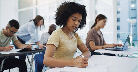 Poster - Education, exam and girl university student in classroom for business management lecture or studying. Phd, writing and focused female college learner in a lecture for future, career or development