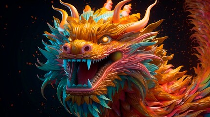 Traditional 3d chinese dragon glowing in the dark illustration. 3d character dragon bright colors print for clothes, stationery. Banner chinese dragon 2024. New Year of the Dragon 2024. Generative ai.