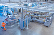 High angle view of printing press conveyor belts in printing plant