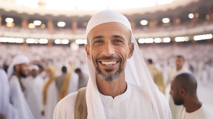 Wall Mural - Muslim man standing in front of the kaaba, view of the kaaba in Mecca and bustling Muslim people, Generative AI