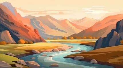 Wall Mural - background river winding through hills. a beautiful illustration with banner design of a river windi