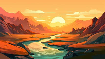 Wall Mural - background river winding through hills. eye-catching banner design showcasing an illustrated river g