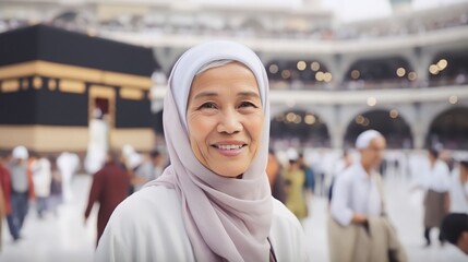 Wall Mural - Muslim woman smiling to the camera with view of the kaaba in Mecca and bustling Muslim people, Generative AI