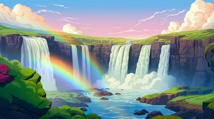 Wall Mural - background waterfall panoramic with rainbow. vibrant abstract background featuring a panoramic illus