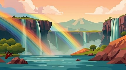 Wall Mural - Background waterfall panoramic with rainbow. Striking banner design showcasing an illustrated panoramic view of a waterfall with a rainbow in  format. Generative AI.