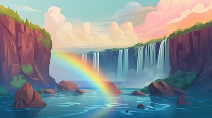 Wall Mural - background waterfall panoramic with rainbow. a picturesque illustration in banner format capturing t