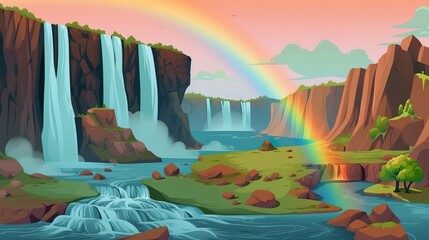 Wall Mural - background waterfall panoramic with rainbow. captivating banner design showcasing an illustrated pan