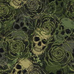 Wall Mural - Khaki green camouflage seamless pattern with skulls, roses, splattered paint, halftone shapes. Dense chaotic composition For apparel, fabric, textile, sport goods Grunge texture