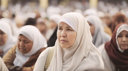 Wall Mural - Muslim woman smiling to the camera with view of the kaaba in Mecca and bustling Muslim people, Generative AI