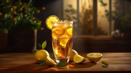 lemon ice tea on brown wooden table with lemons around. Generative Ai