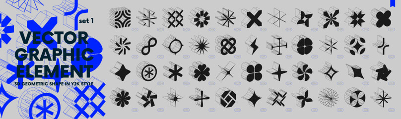 Fototapete - Collection of strange wireframes 3d geometric shapes, Vector abstract graphic elements in y2k style for design, set of different linear form inspired by brutalism, graphic design elements, set 1